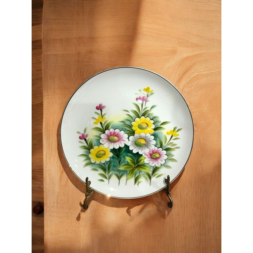 Vtg Hand Painted Floral Daisy Hanging Plate Relco Japan Cottage Core 10.25”